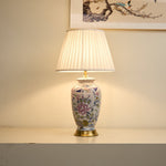 Famille Rose Porcelain Table Lamp with Pleated Fabric Shade