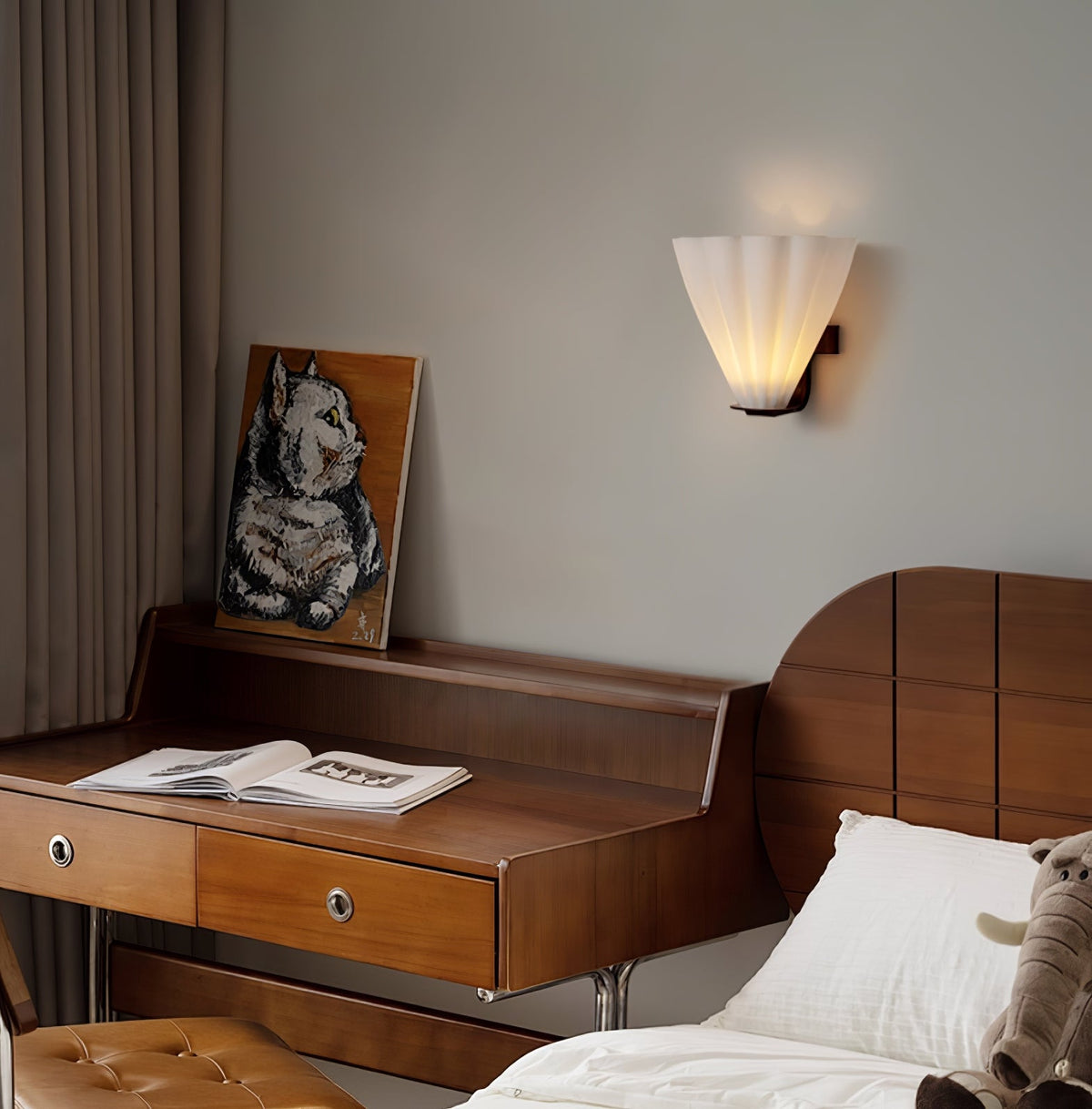 Fan-Shaped Glass Wall Sconce with Black Metal Accent