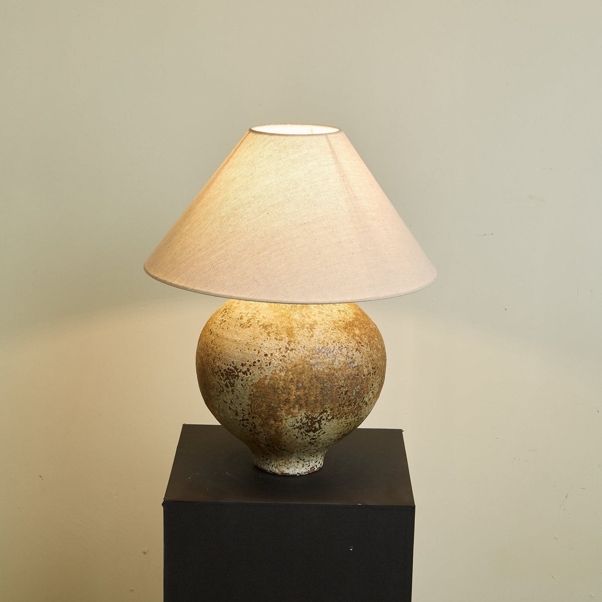 Ferrosia Ceramic Table Lamp with Brass Stem and Beige Fabric Shade