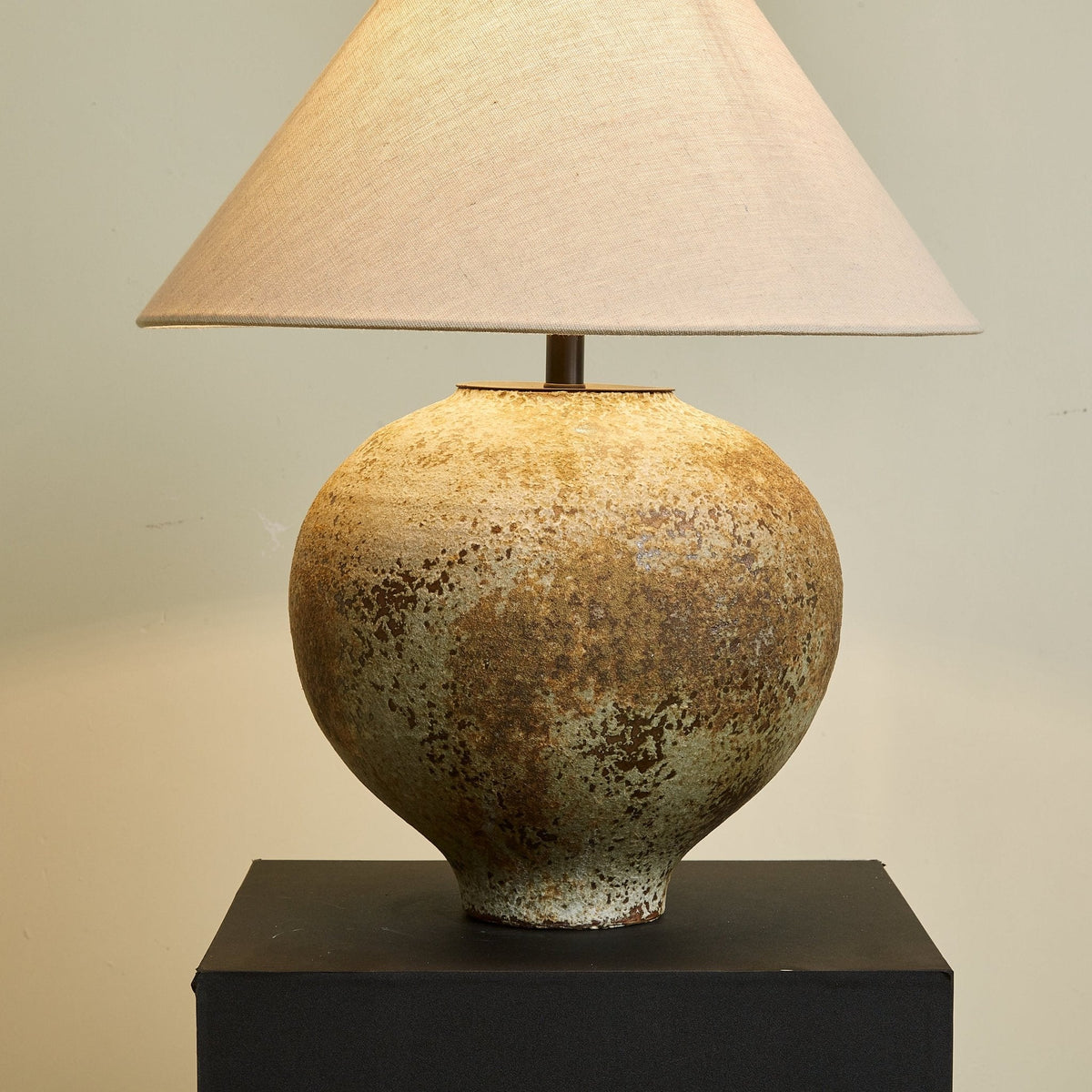Ferrosia Ceramic Table Lamp with Brass Stem and Beige Fabric Shade