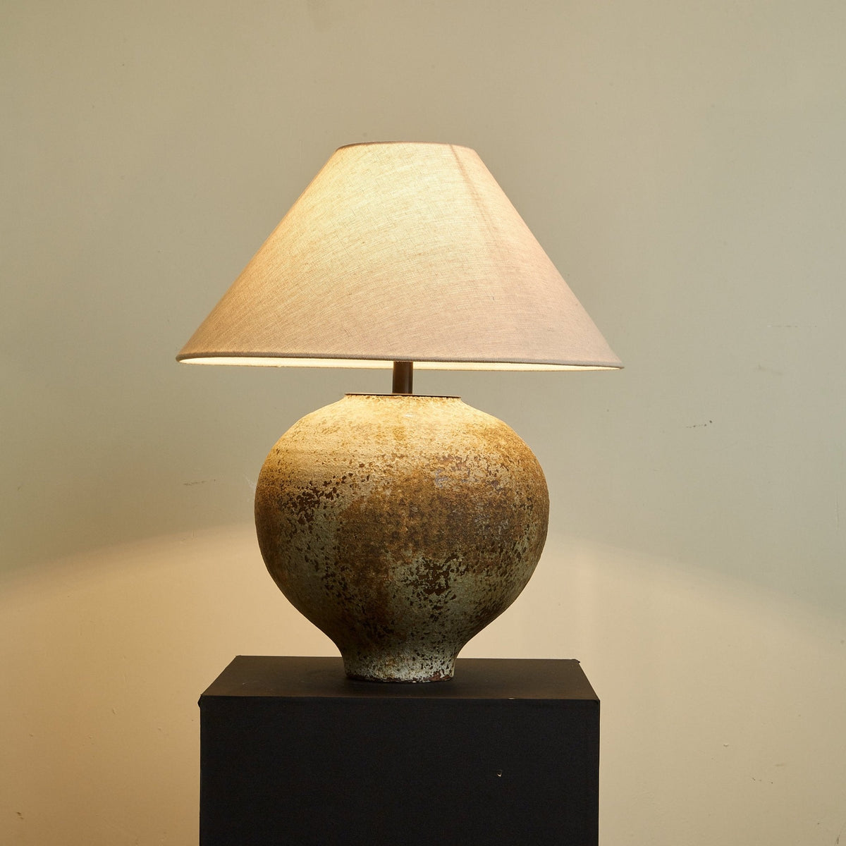 Ferrosia Ceramic Table Lamp with Brass Stem and Beige Fabric Shade