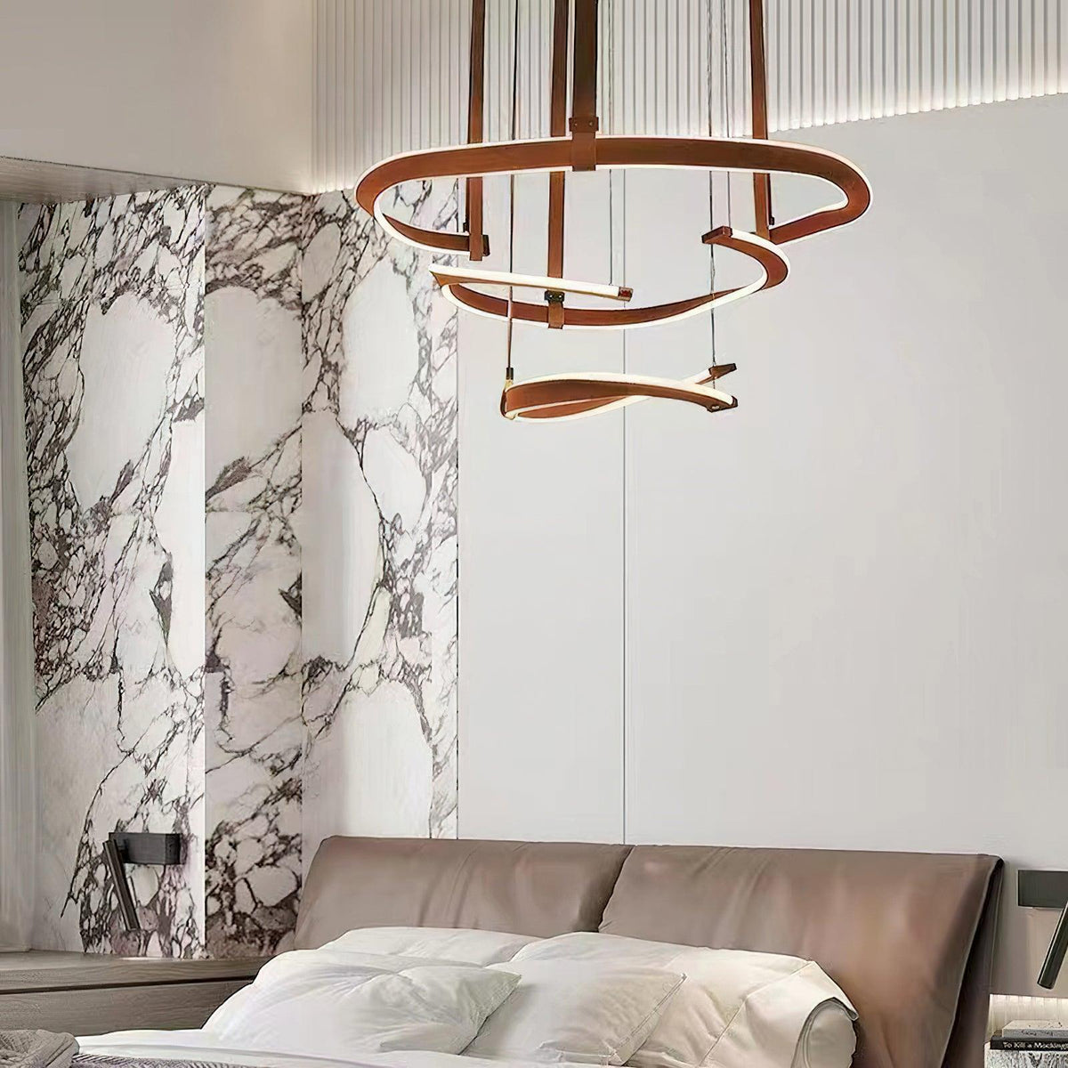 Finopi Linear LED Chandelier with Twisted Metal Rings and Leather Accents