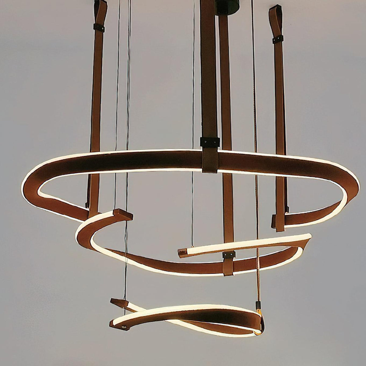 Finopi Linear LED Chandelier with Twisted Metal Rings and Leather Accents