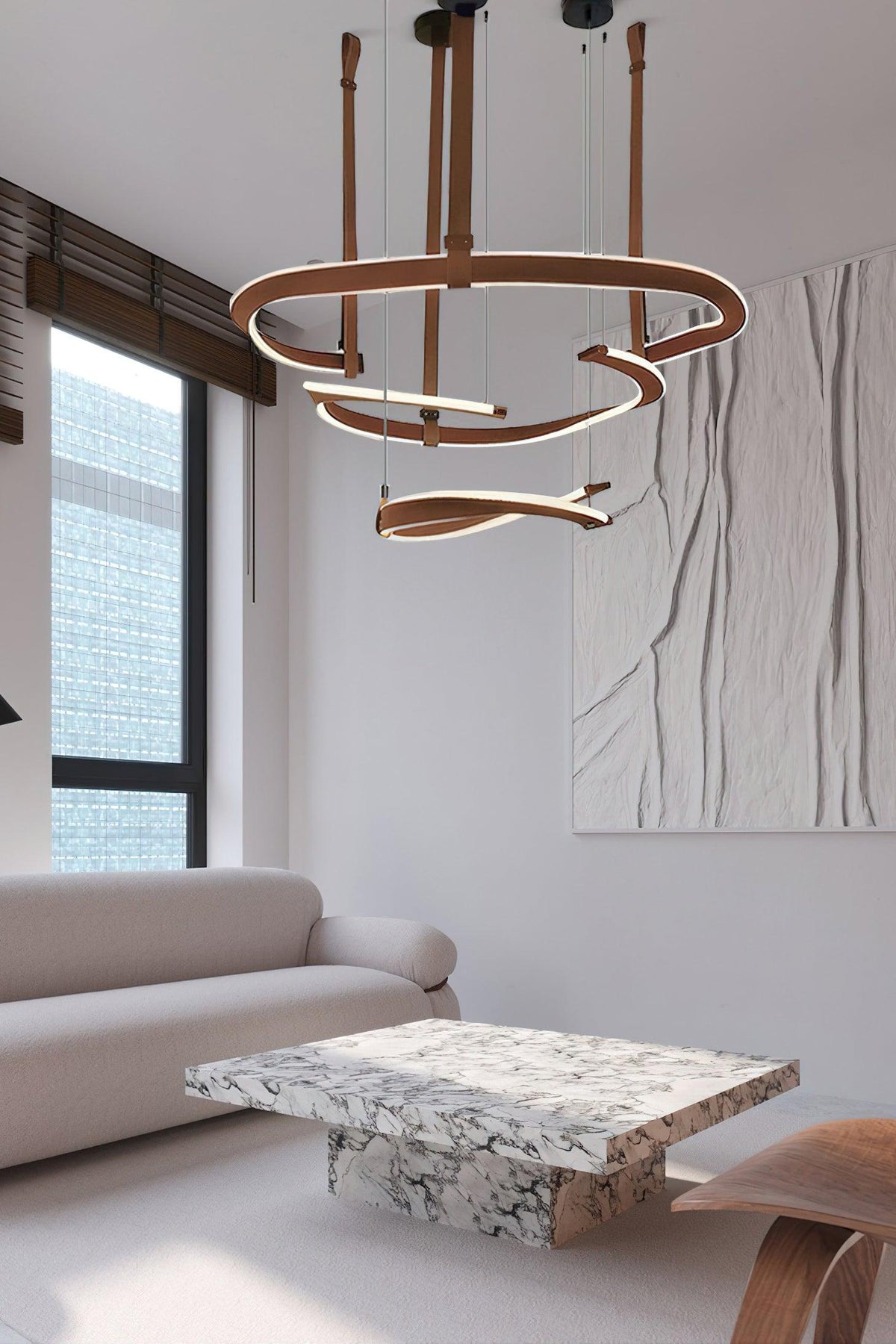 Finopi Linear LED Chandelier with Twisted Metal Rings and Leather Accents