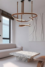 Finopi Linear LED Chandelier with Twisted Metal Rings and Leather Accents