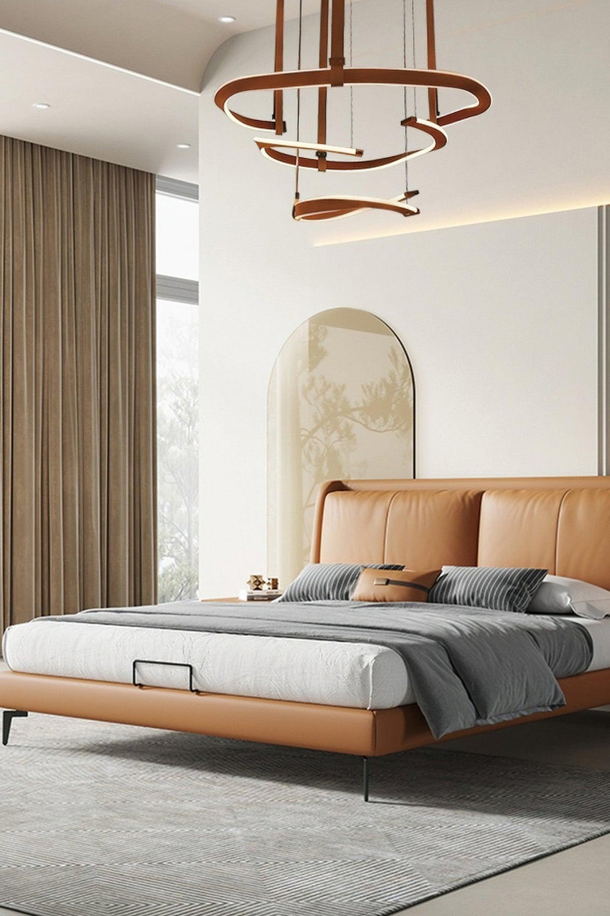 Finopi Linear LED Chandelier with Twisted Metal Rings and Leather Accents