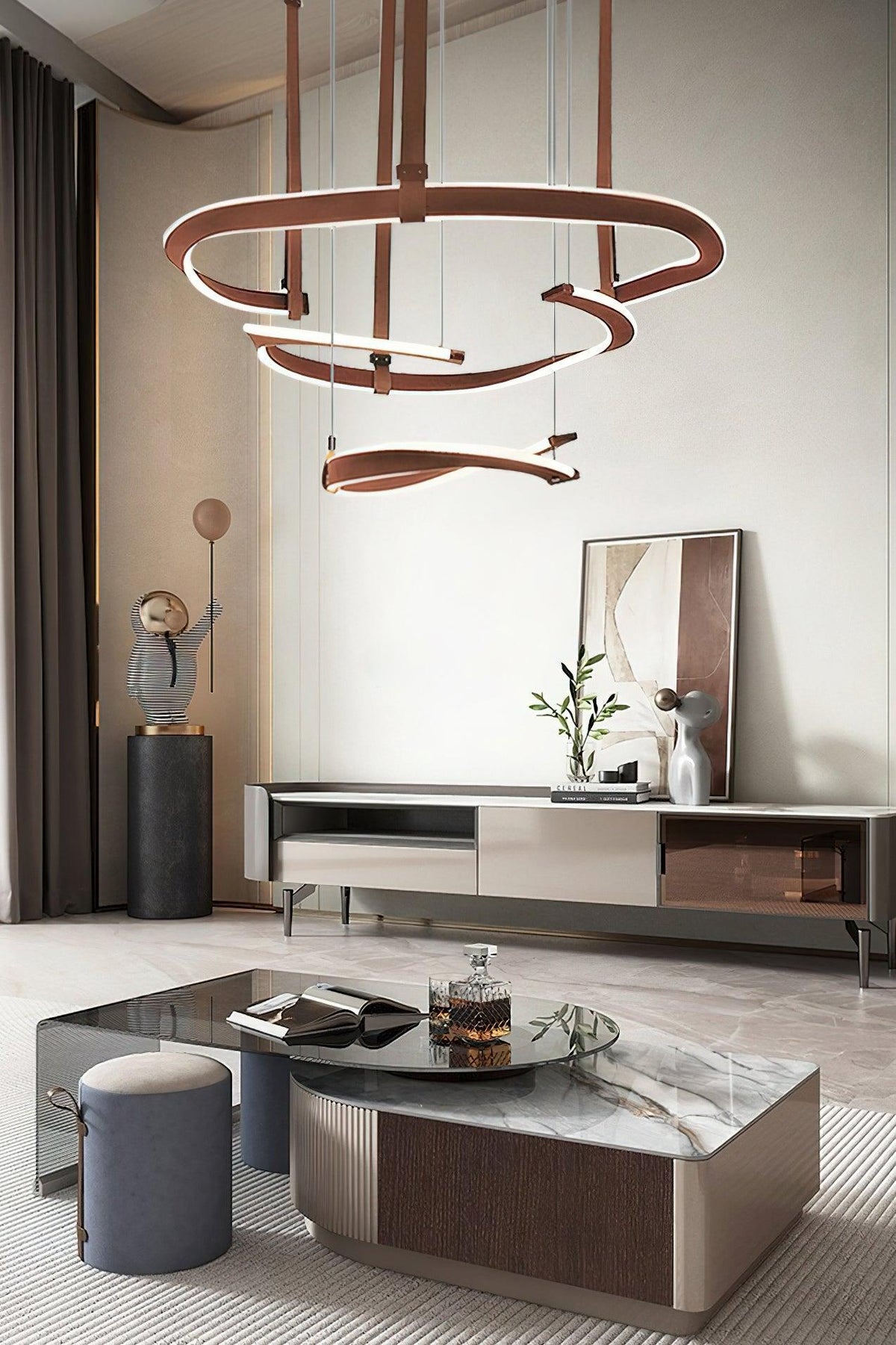 Finopi Linear LED Chandelier with Twisted Metal Rings and Leather Accents