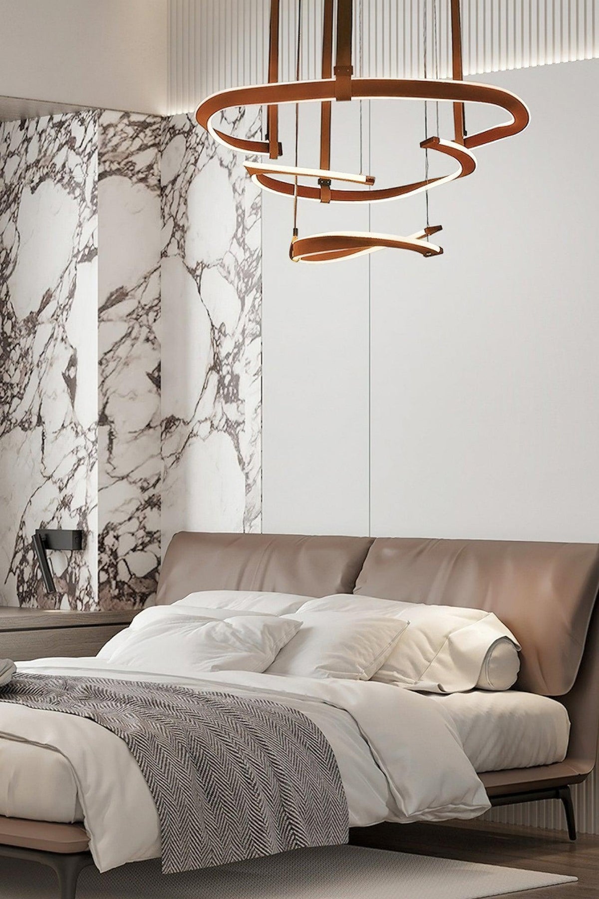 Finopi Linear LED Chandelier with Twisted Metal Rings and Leather Accents