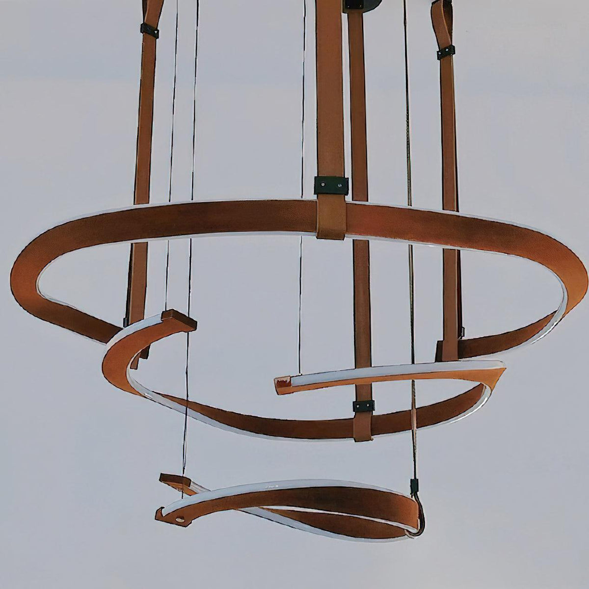 Finopi Linear LED Chandelier with Twisted Metal Rings and Leather Accents