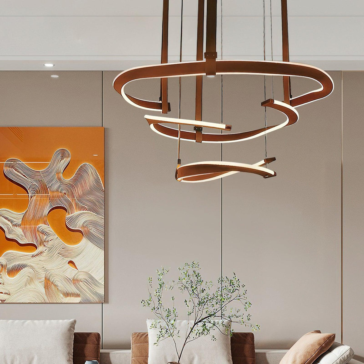 Finopi Linear LED Chandelier with Twisted Metal Rings and Leather Accents