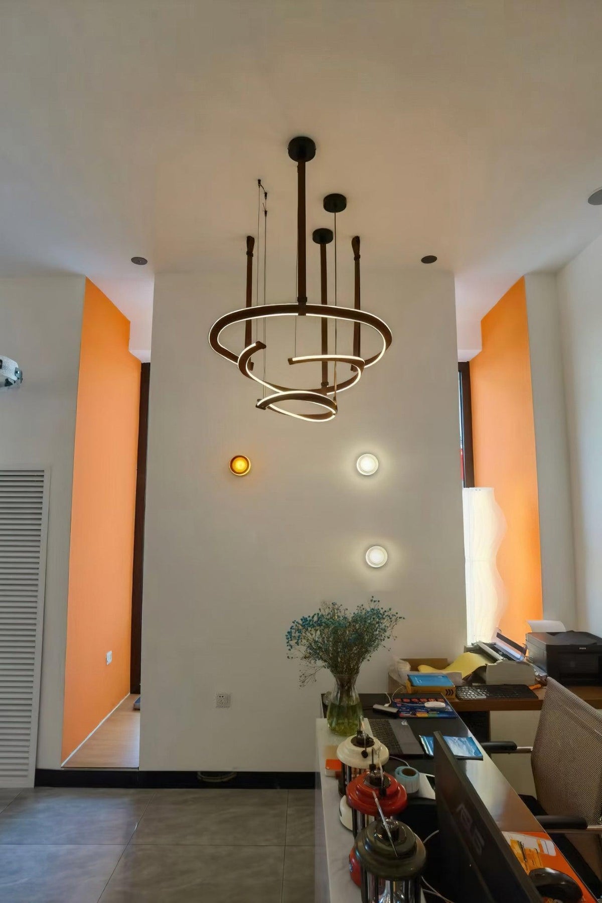 Finopi Linear LED Chandelier with Twisted Metal Rings and Leather Accents