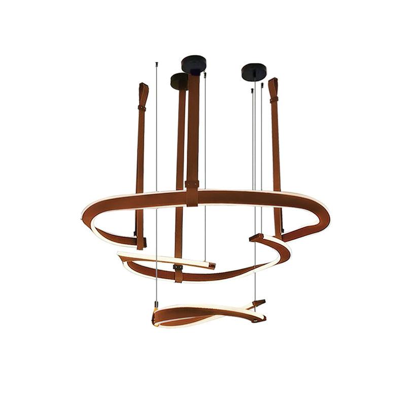 Finopi Linear LED Chandelier with Twisted Metal Rings and Leather Accents
