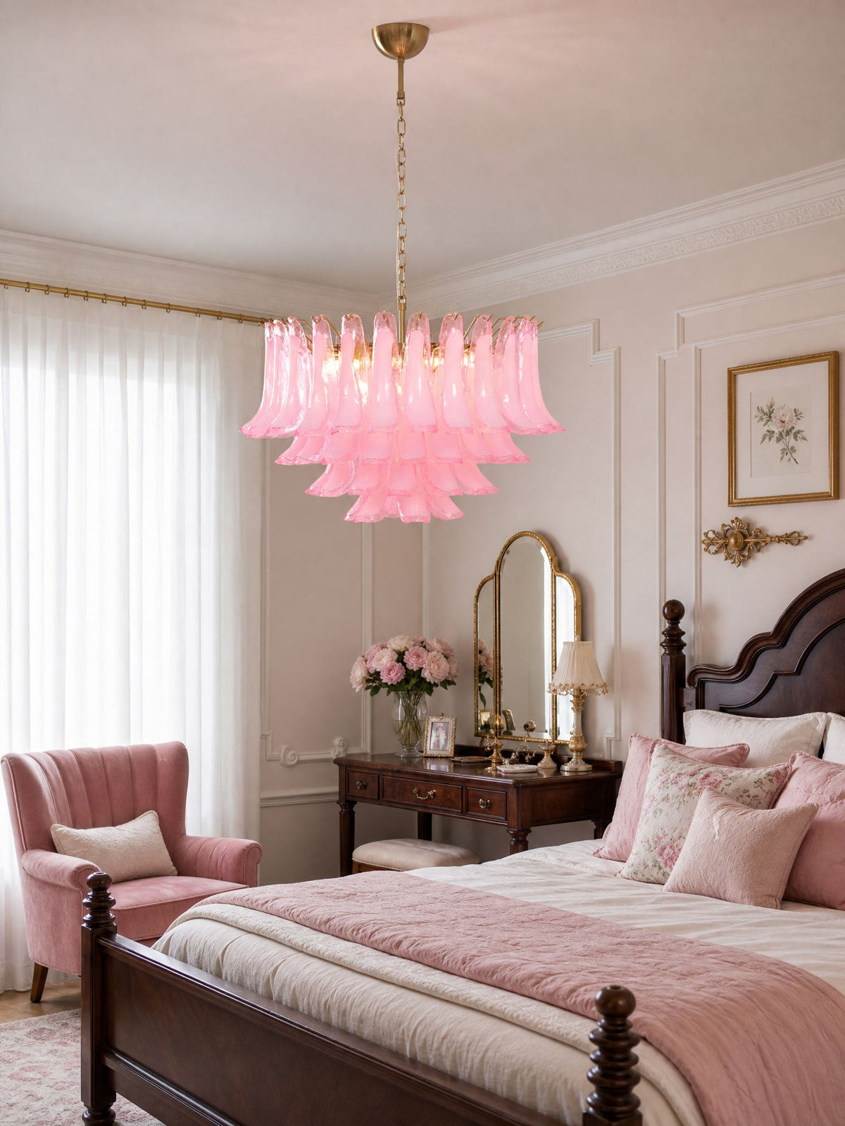 Fiora Pink Glass Chandelier – 17-Light Tiered Murano-Style Pendant for Dining Room & Living Room