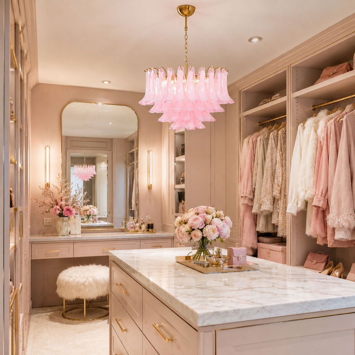 Fiora Pink Glass Chandelier – 17-Light Tiered Murano-Style Pendant for Dining Room & Living Room