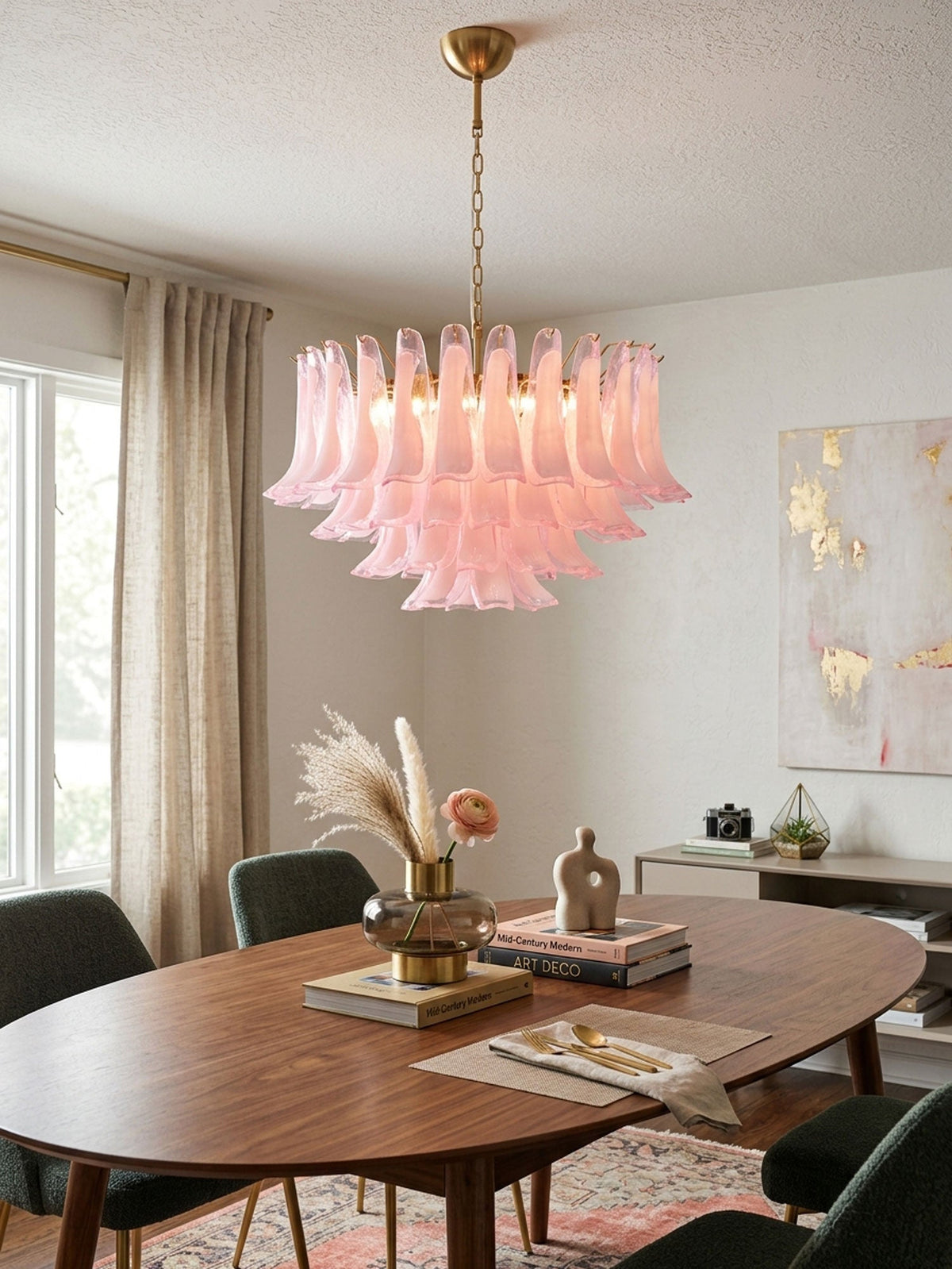 Fiora Pink Glass Chandelier – 17-Light Tiered Murano-Style Pendant for Dining Room & Living Room