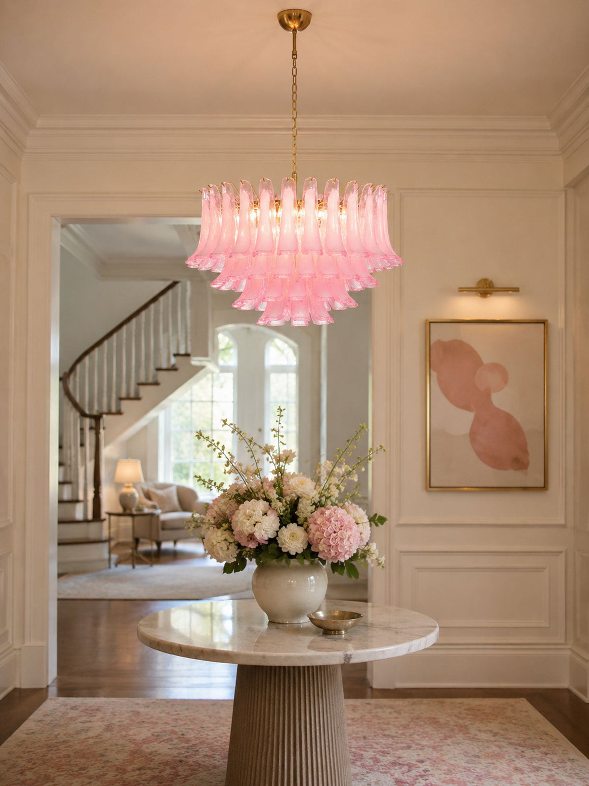 Fiora Pink Glass Chandelier – 17-Light Tiered Murano-Style Pendant for Dining Room & Living Room