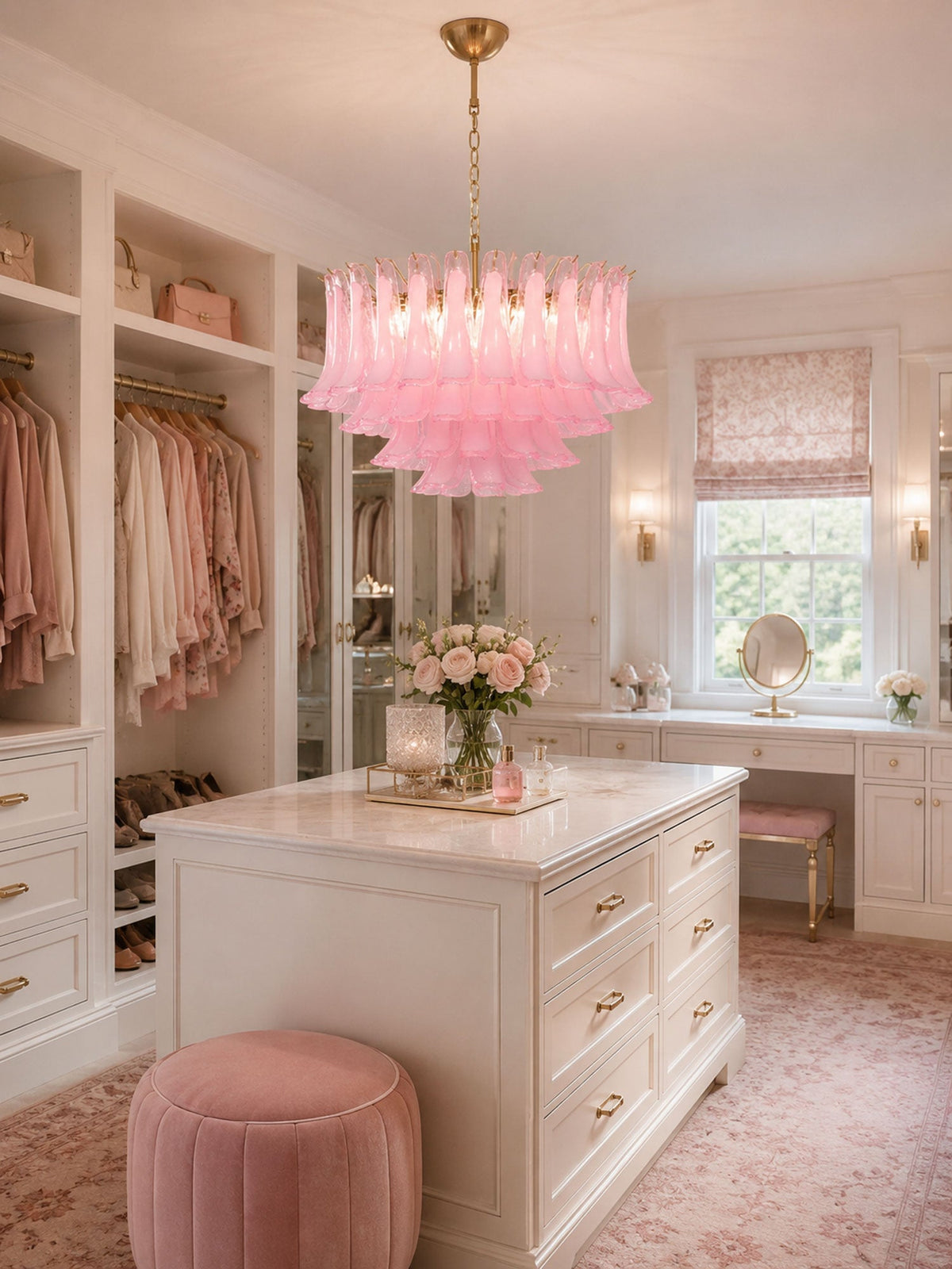 Fiora Pink Glass Chandelier – 17-Light Tiered Murano-Style Pendant for Dining Room & Living Room