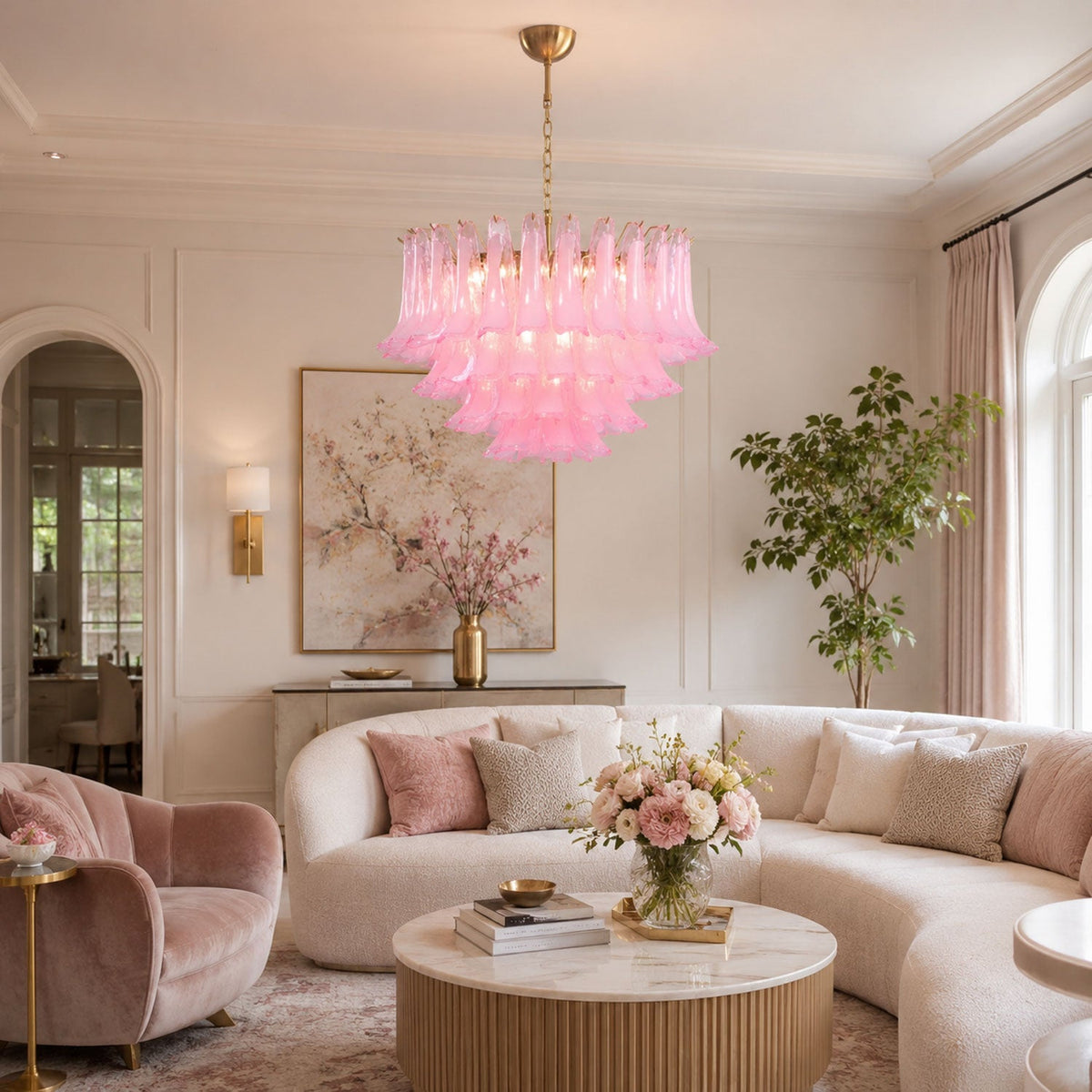 Fiora Pink Glass Chandelier – 17-Light Tiered Murano-Style Pendant for Dining Room & Living Room