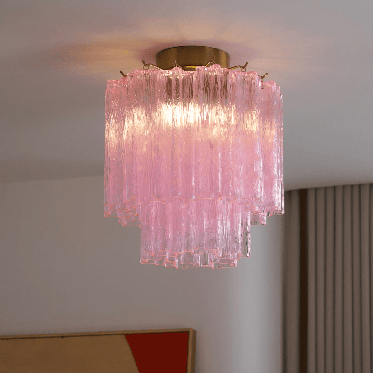 Fiora Pink Murano Glass Flush Mount Ceiling Light with Gold Accents