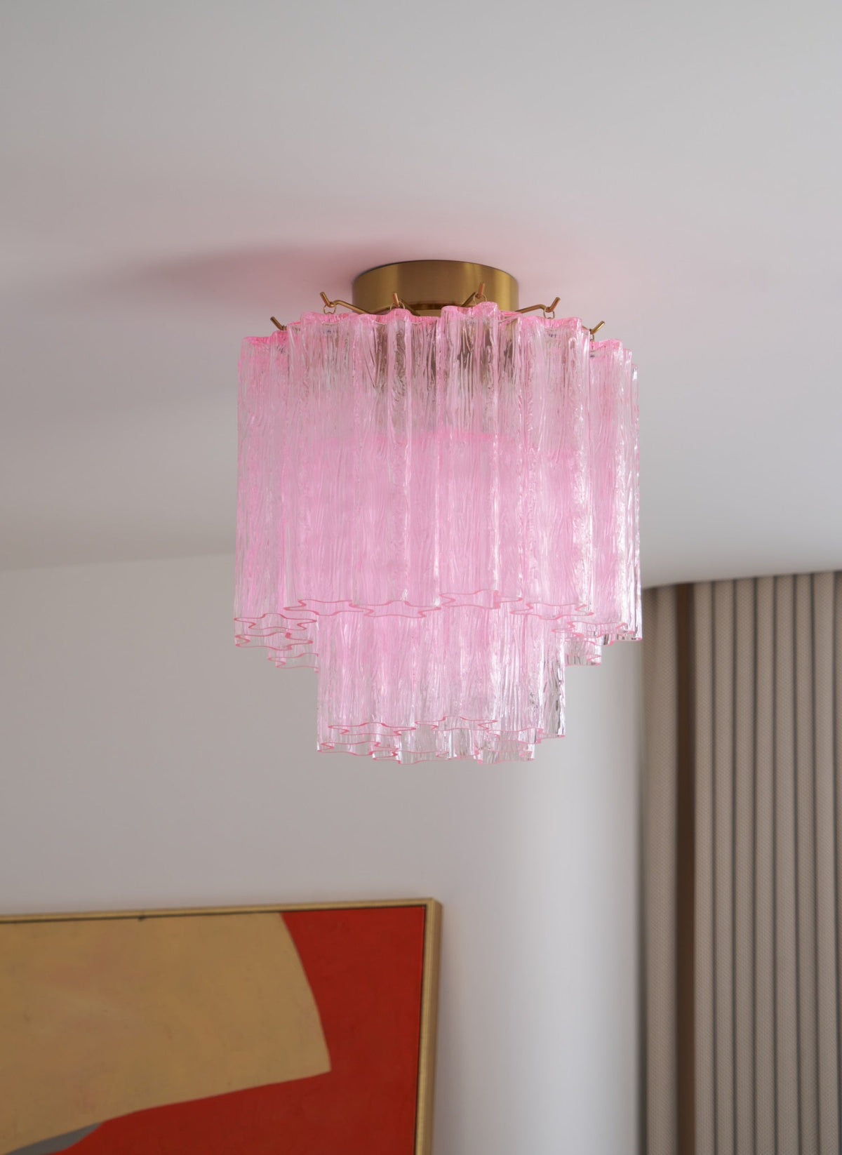 Fiora Pink Murano Glass Flush Mount Ceiling Light with Gold Accents