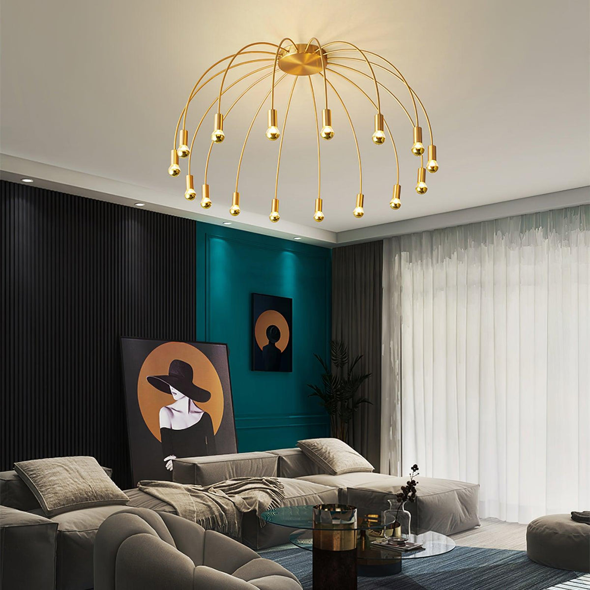 Fireworks Semi Flush Mount Ceiling Light in Brass and Glass for Modern Interiors
