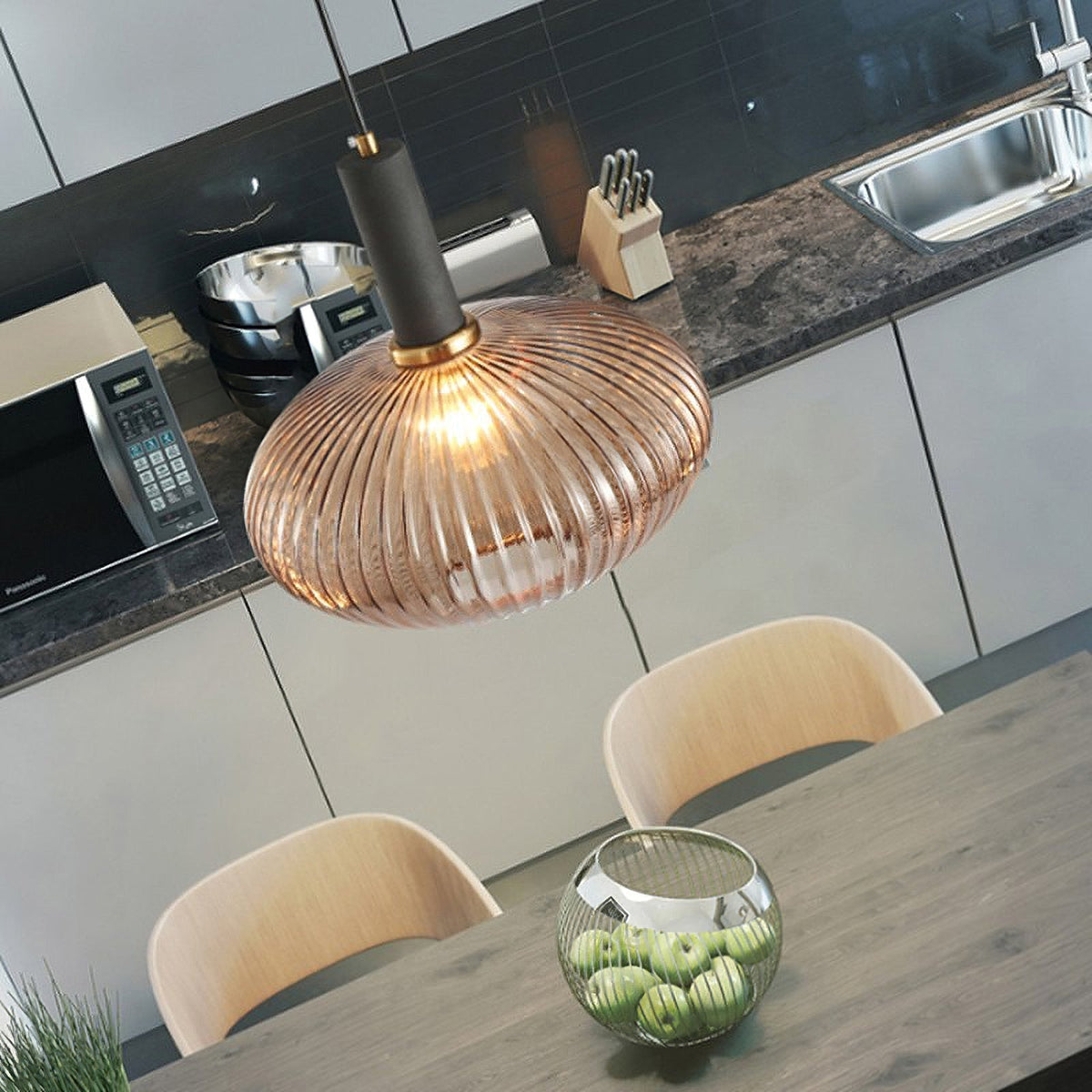 Flair Glass Pendant Light – Art Deco Reeded Glass Ceiling Lamp for Dining Room and Living Room