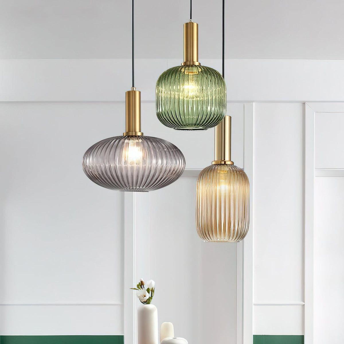Flair Glass Pendant Light – Art Deco Reeded Glass Ceiling Lamp for Dining Room and Living Room