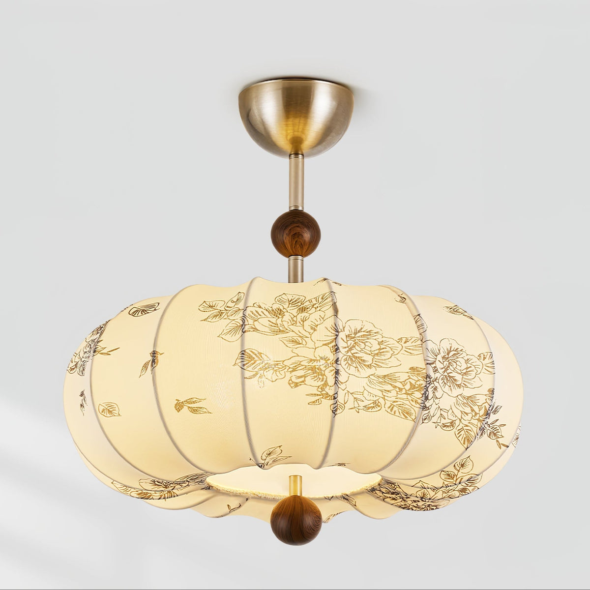 Fleur Lantern Pendant Light – Ivory Floral Shade with Walnut or Nickel Accents