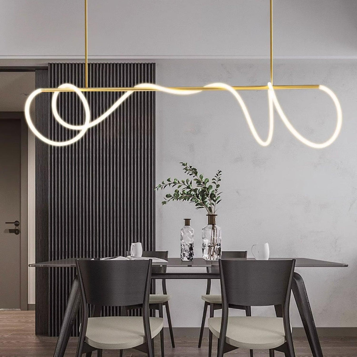 Sculptural Linear Curve LED Chandelier in Gold or Black