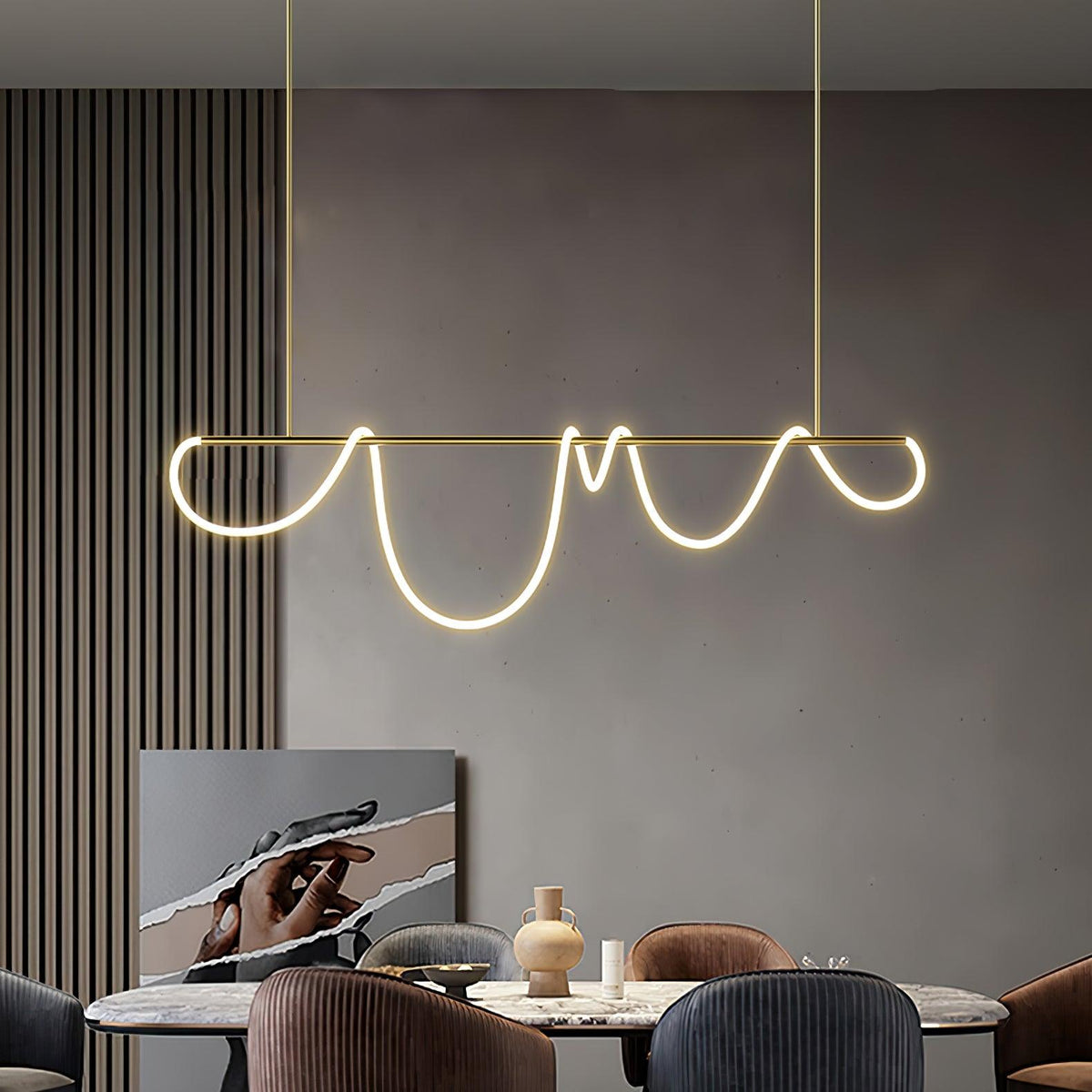 Sculptural Linear Curve LED Chandelier in Gold or Black