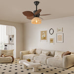 Flora Designer Ceiling Fan Light with Natural Wood Blades and Woven Shade