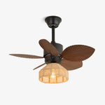 Flora Designer Ceiling Fan Light with Natural Wood Blades and Woven Shade