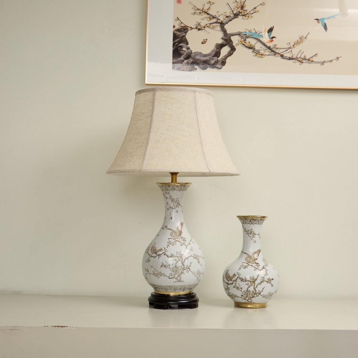 Floral Bird Ceramic Table Lamp with Beige Fabric Shade