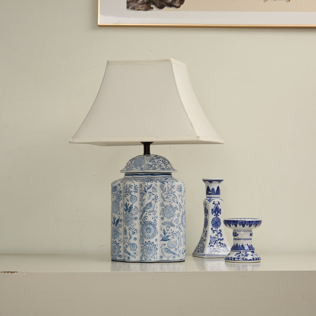 Floral Bird Porcelain Jar Table Lamp with Fabric Shade