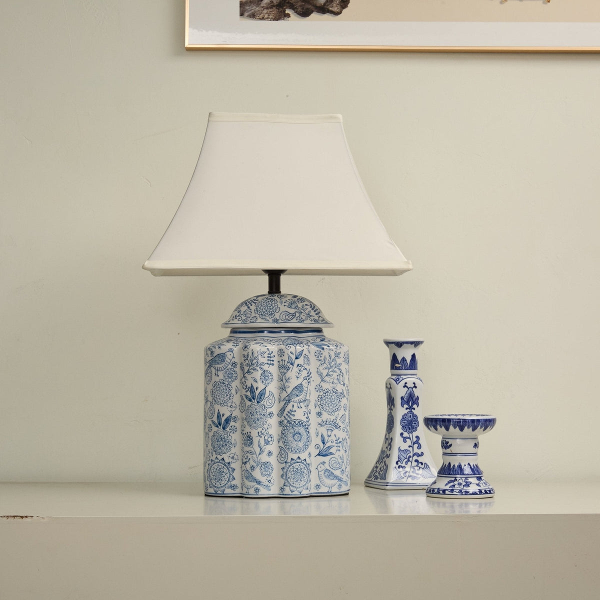 Floral Bird Porcelain Jar Table Lamp with Fabric Shade
