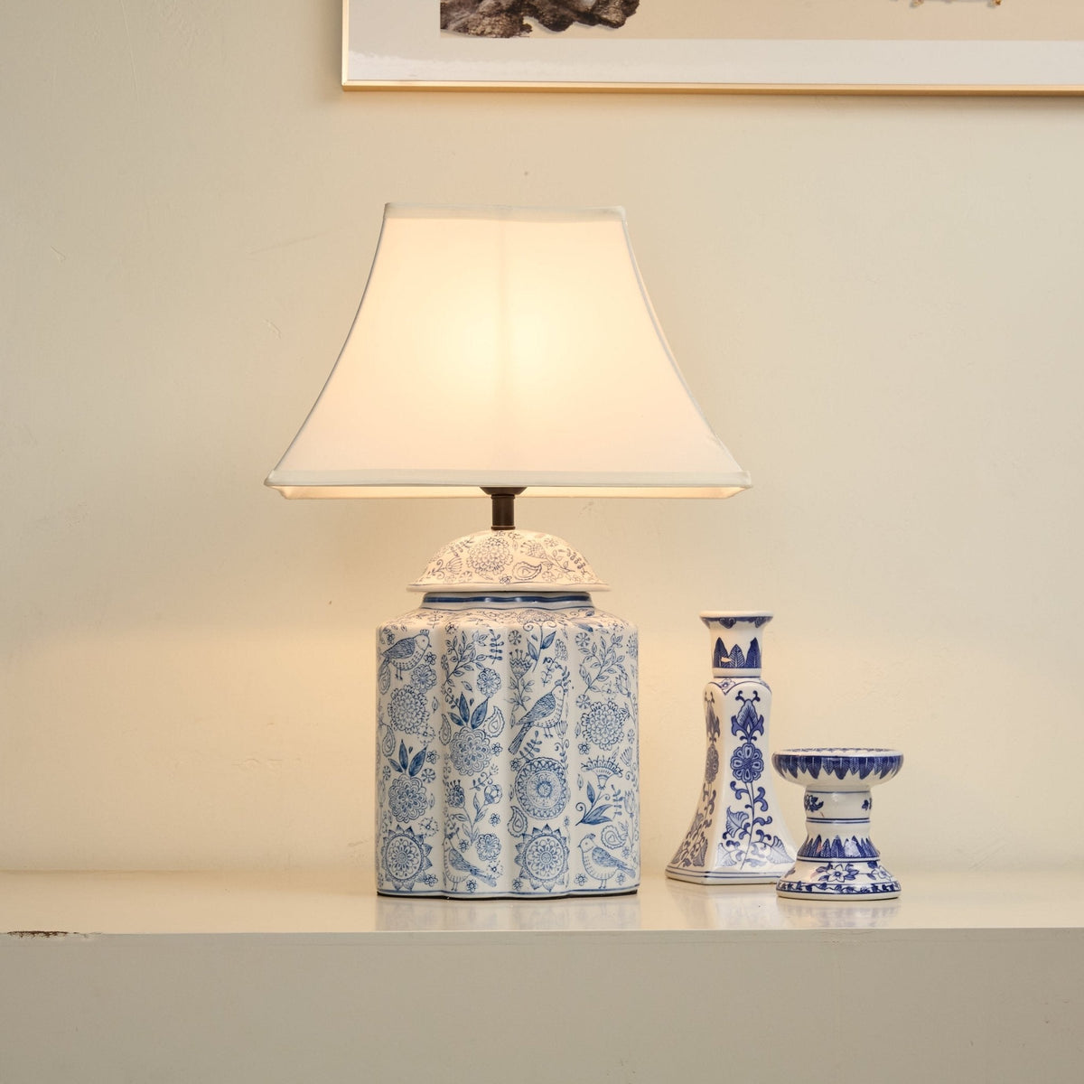 Floral Bird Porcelain Jar Table Lamp with Fabric Shade