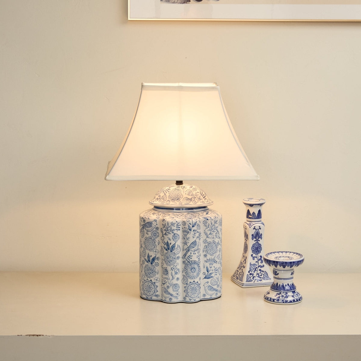 Floral Bird Porcelain Jar Table Lamp with Fabric Shade