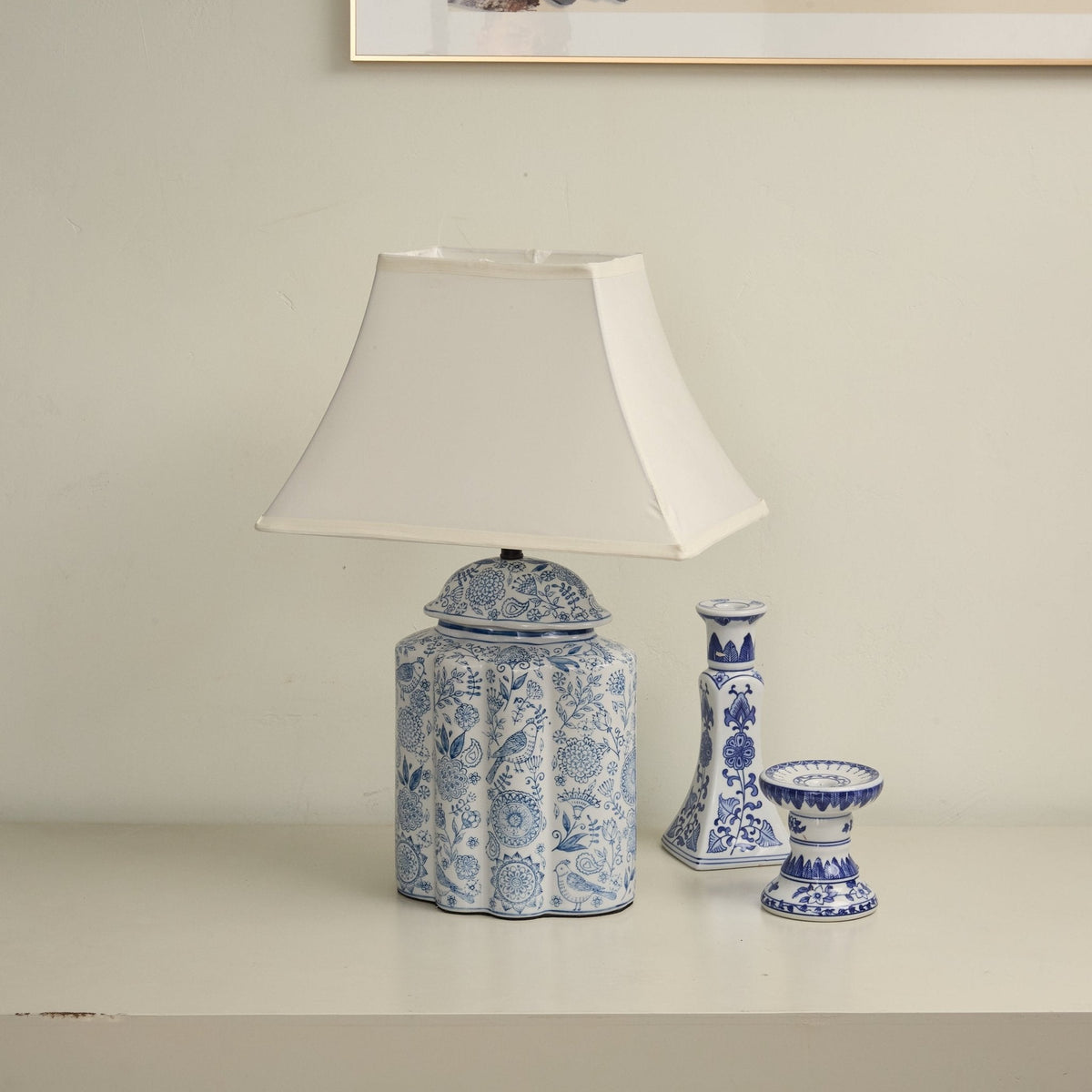 Floral Bird Porcelain Jar Table Lamp with Fabric Shade