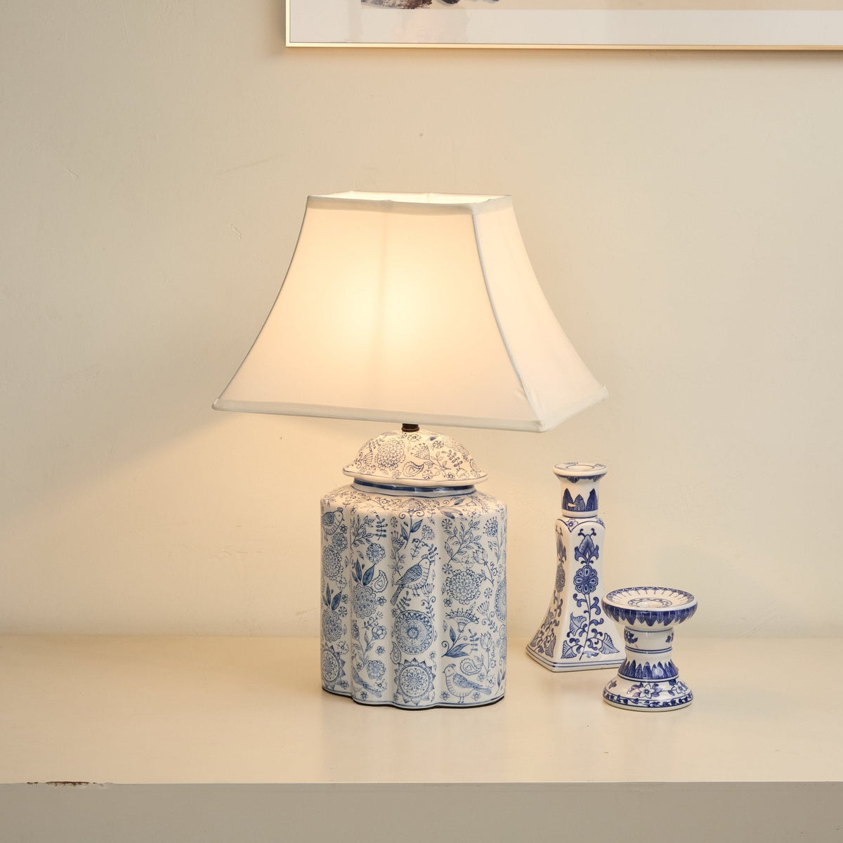 Floral Bird Porcelain Jar Table Lamp with Fabric Shade