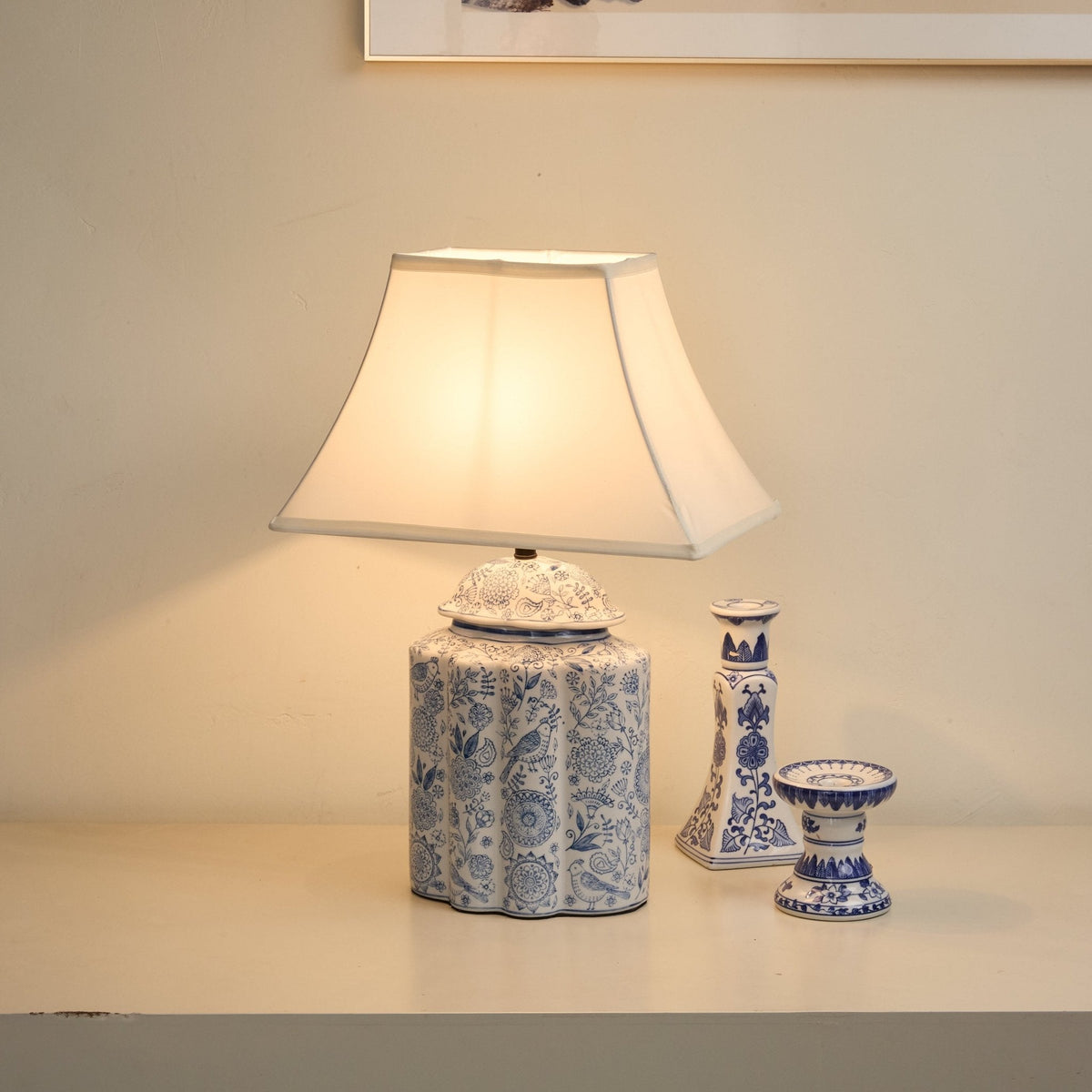 Floral Bird Porcelain Jar Table Lamp with Fabric Shade