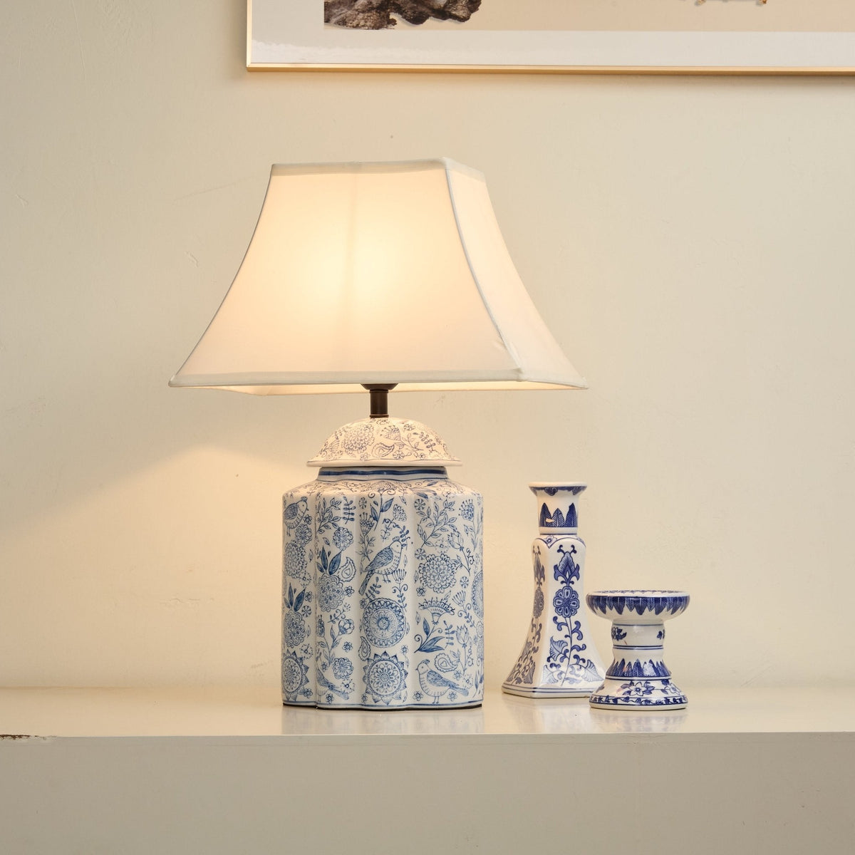 Floral Bird Porcelain Jar Table Lamp with Fabric Shade