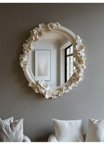 Hand-Carved Floral Vanity Mirror with Ivory Plaster Finish