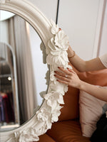 Hand-Carved Floral Vanity Mirror with Ivory Plaster Finish