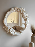 Hand-Carved Floral Vanity Mirror with Ivory Plaster Finish