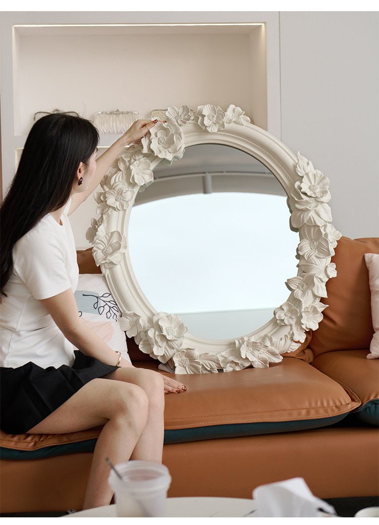 Hand-Carved Floral Vanity Mirror with Ivory Plaster Finish
