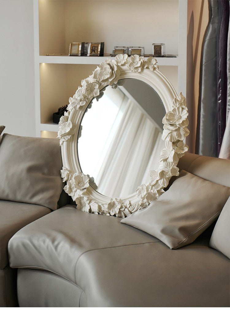 Hand-Carved Floral Vanity Mirror with Ivory Plaster Finish