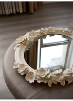Hand-Carved Floral Vanity Mirror with Ivory Plaster Finish