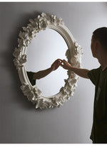 Hand-Carved Floral Vanity Mirror with Ivory Plaster Finish