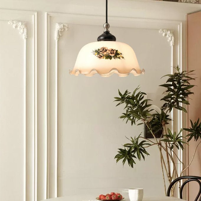 Art Deco Floral Glass Pendant Light with Walnut and Brass Accents