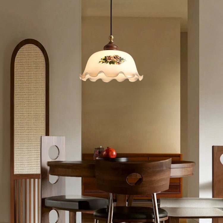 Art Deco Floral Glass Pendant Light with Walnut and Brass Accents